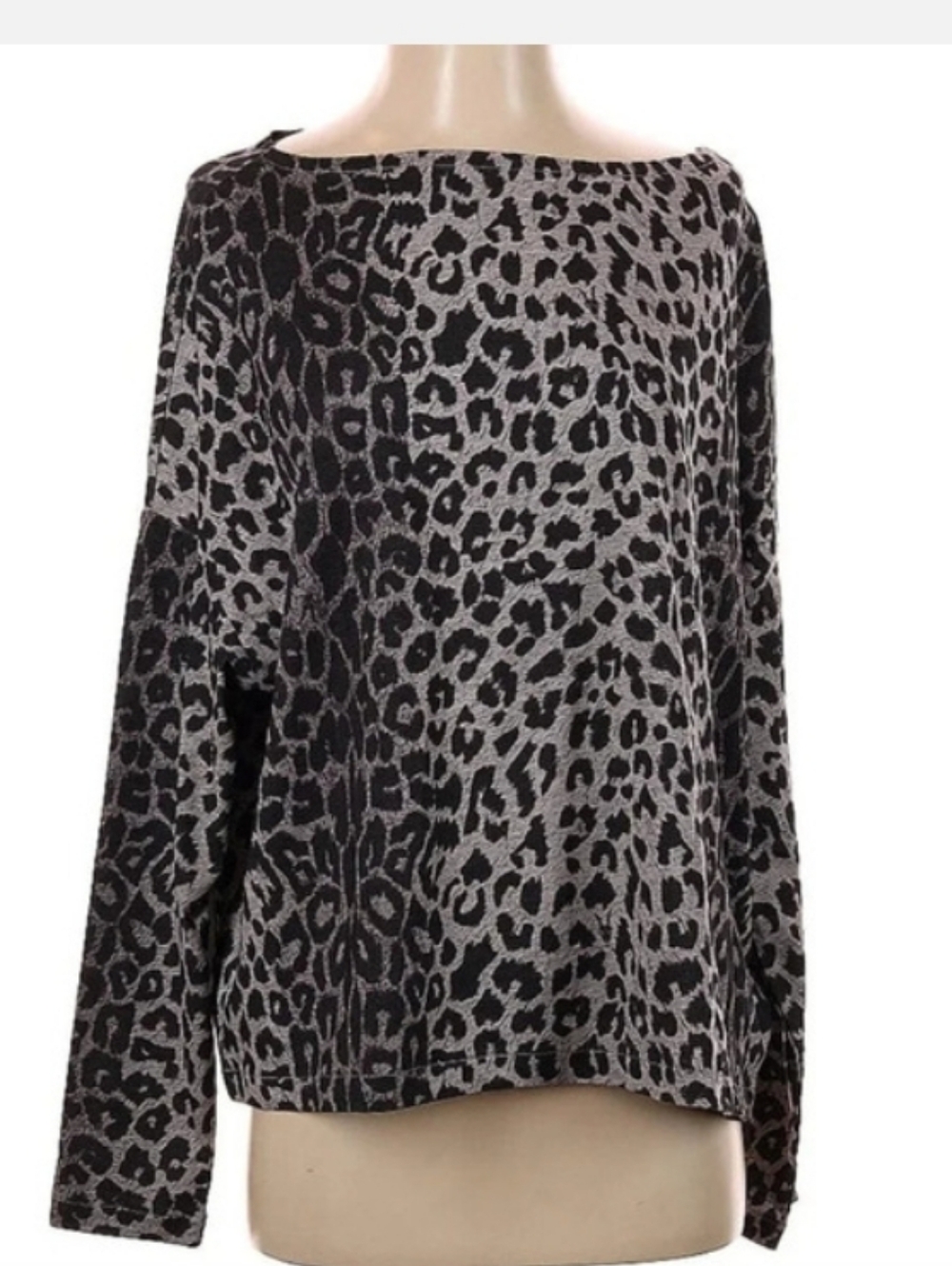 🔷 ALLSAINTS Gray Leopard Print Cotton Knit Long Sleeve Boat Neck Top Blouse Tee